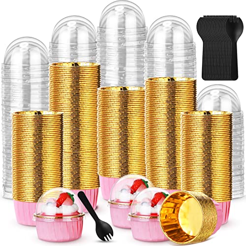 300 Pieces Foil Cupcake Liners With Lids 5.5 Oz Disposable Muffin Liners With Lids Pink Cup Cake Muffin Tins With Lid Aluminum Cupcake Holders With 300 Spoons And 350 Lids For Baking #TOP12