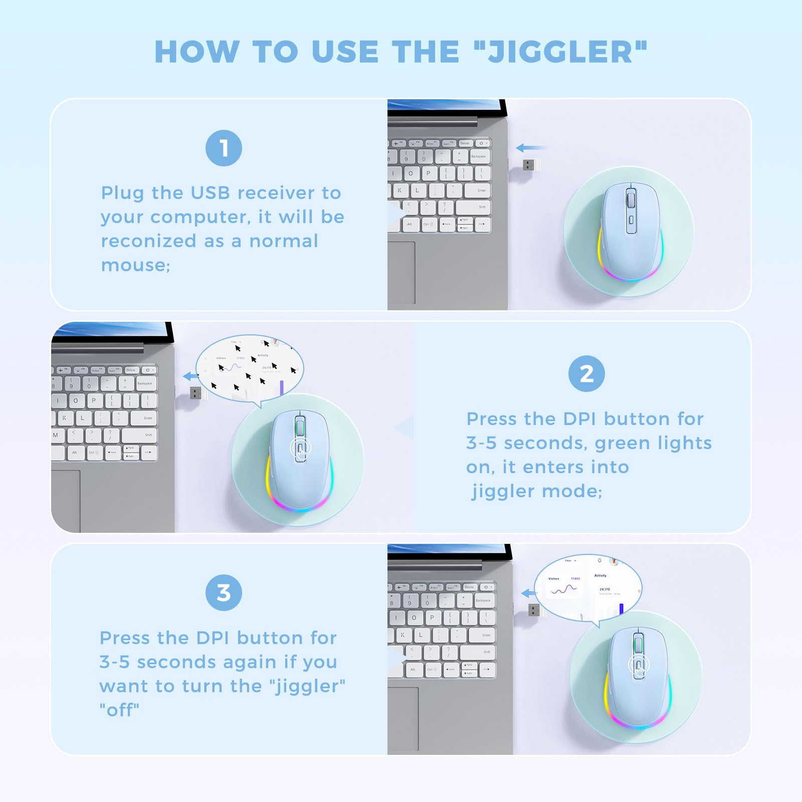 PEIOUS Jiggler - Mouse senza fili con scritta "Keep Computers Awake", colore: Azzurro | Mouse LED ricaricabile, clic silenziosi, DPI regolabile e movimento casuale per tenere il computer sveglio per laptop/PC/Mac