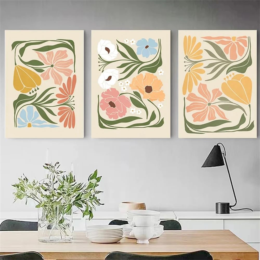 WUHBCZ Art Pictures-Abstract Flower Peony Daisy Leaves Wall Art Modern Nordic Retro Poster Canvas Painting Living Room Kitchen Office Home Decoration-40 * 60cm/3PCS (No Frame)