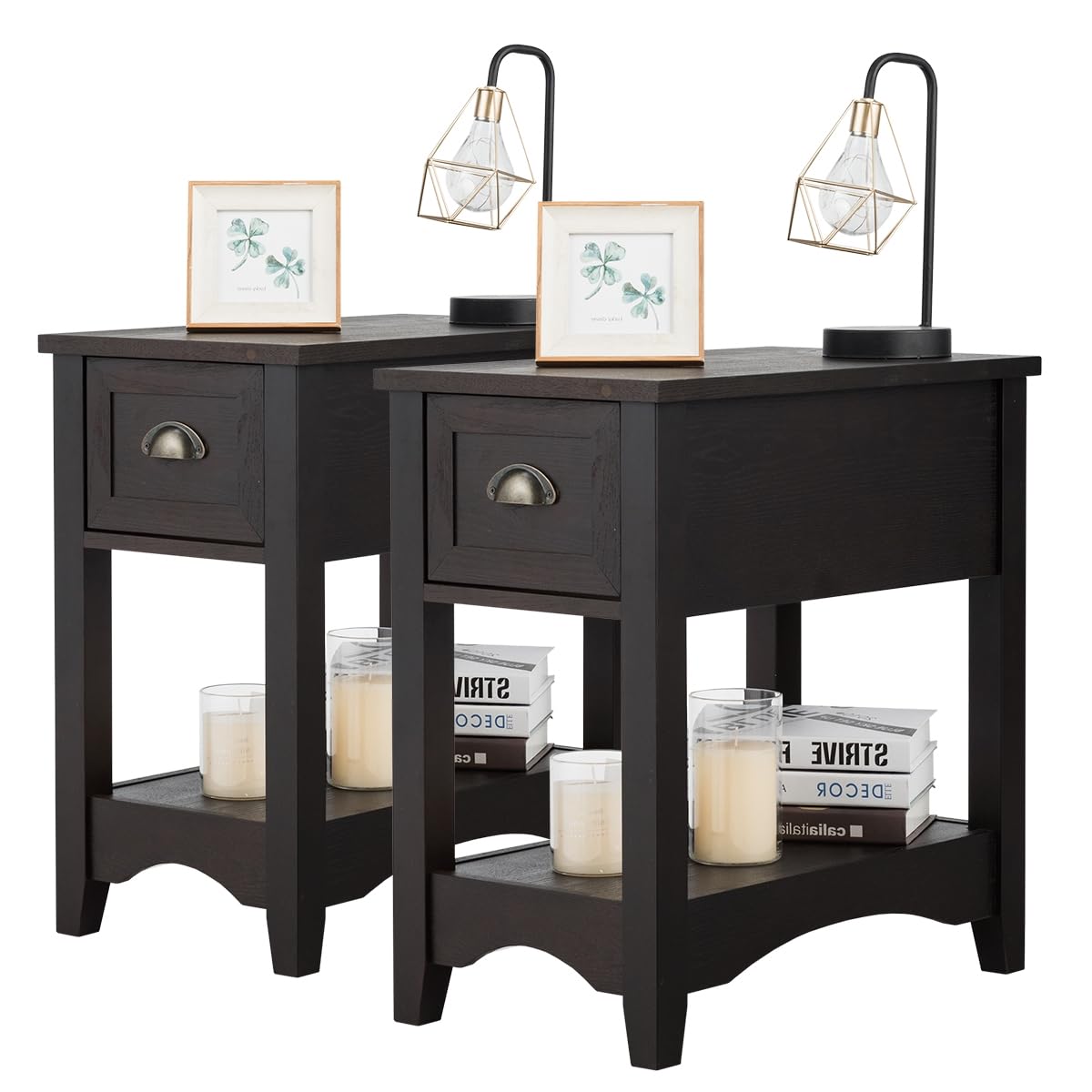 LIFEZEAL Set di 2 Comodini Stretti con 1 Cassetto, Comò a 2 Ripiani, Mobiletto Camera da Letto, Moderno, Tavolino Basso Laterale da Divano, Gambe in Legno Massello, per Soggiorno, 33x56x58,5cm, Noce