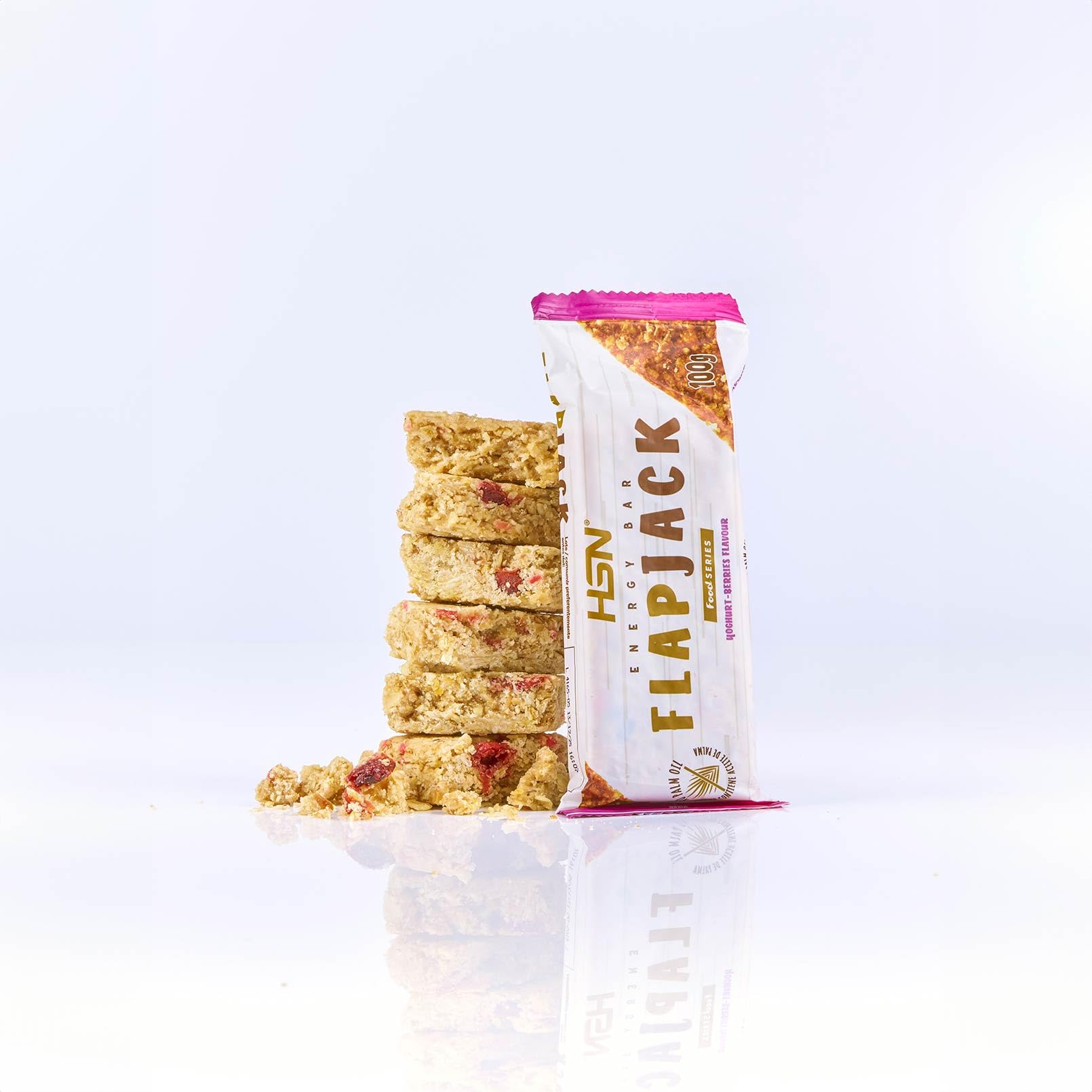 HSN Energy Bar Flapjack | Yogur Bayas - 30 unidades de 100g | Barritas energéticas con copos de avena, fruta natural y almendras | Sin aceite de palma | Apto Vegetariano Sin Edulcorantes
