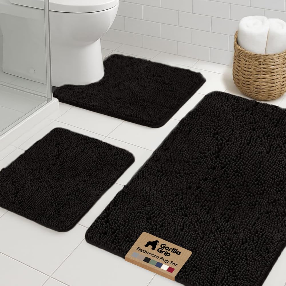 GORILLA GRIP Area Rug Sets and Oval Toilet Base, 3 Piece Black