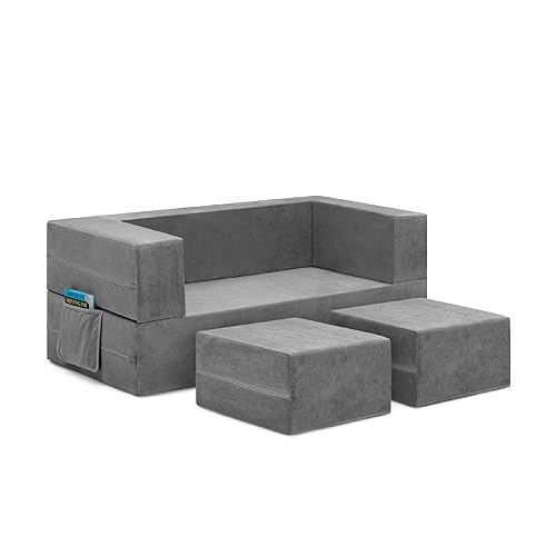 Delta Children Sofá convertible y juego para niños y niños pequeños, sofá modular de espuma y tumbona abatible con 2 otomanas, color gris