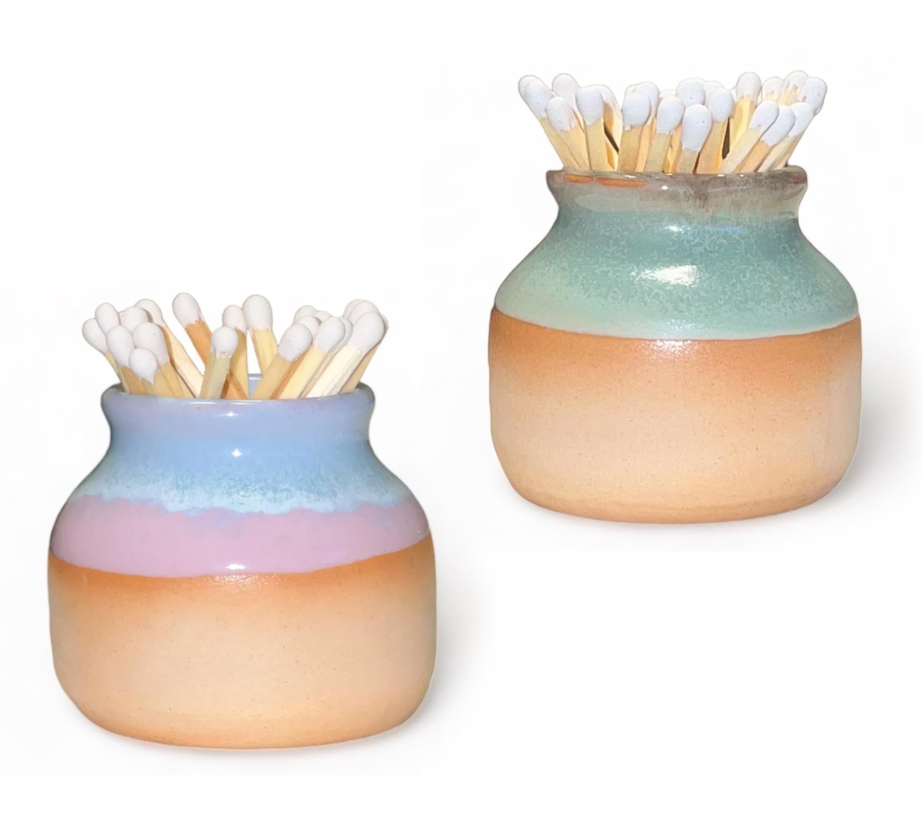 Chic Ceramic Match Holders with Striker - Decorative Home Decor Set of 2 | Fancy Matches Jar, Mantel & Bathroom | Pottery Match Holder | Housewarming Gifts - Purple & Green | Matches NOT Included