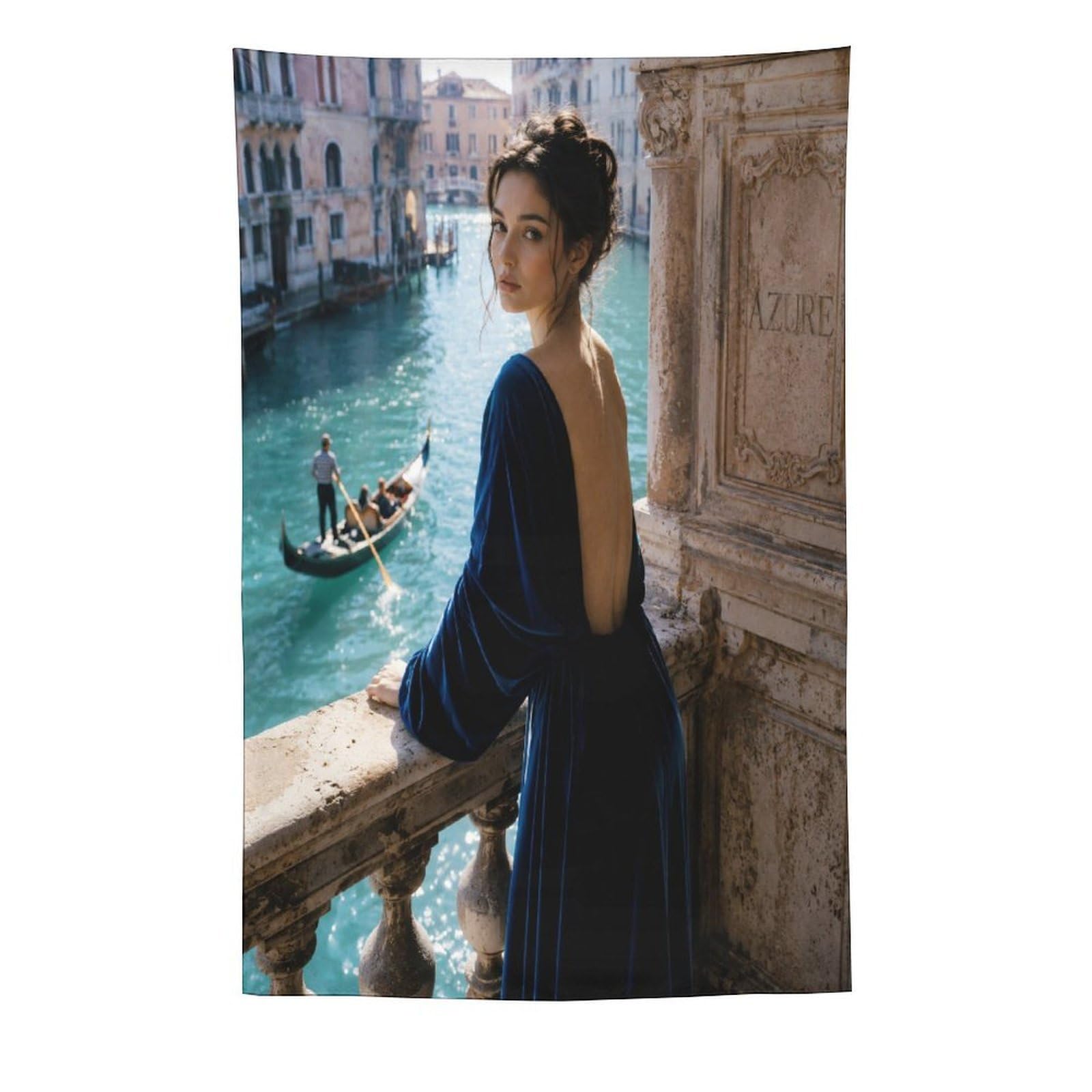 W7C8U2X3 Woman Overlooking Gondola Wall Tapestry, Oil Painting Style, Bed
