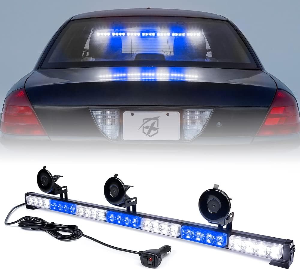 Xprite 31.5 Inch LED Traffic Advisor Strobe Light Bar, 21 Flashing Patterns w/Suction Cup Mount, Windshield Deck Emergency Police Lightbars for POV Volunteer Vehicles Pickup Trucks SUV UTV White Blue