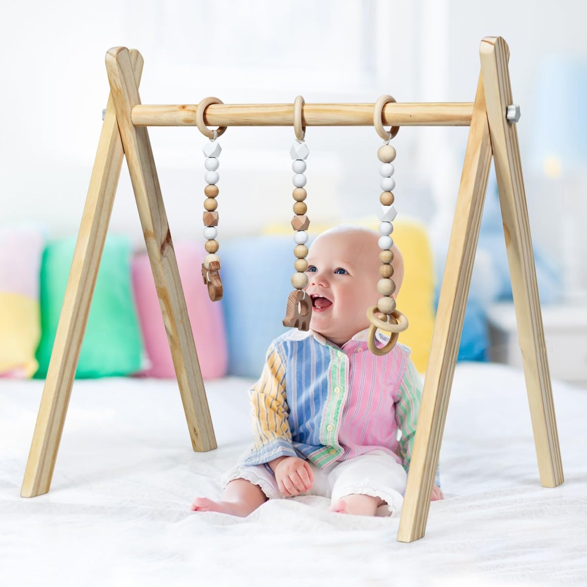LIFEZEAL trapez do zabawy, łuk do zabawy dla dzieci z drewna, zestaw do zabawy dla dzieci z 3 zabawkami, drewniane zabawki dla dzieci, siłownia dla dzieci składana,