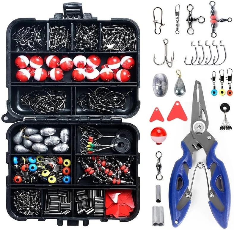 263pcs Outdoor Fishing Accessories Set with Tackle Box Including Plier Jig Hooks Sinker Weight Swivels Snaps Sinker Slides Kit Fishing Gifts for Men