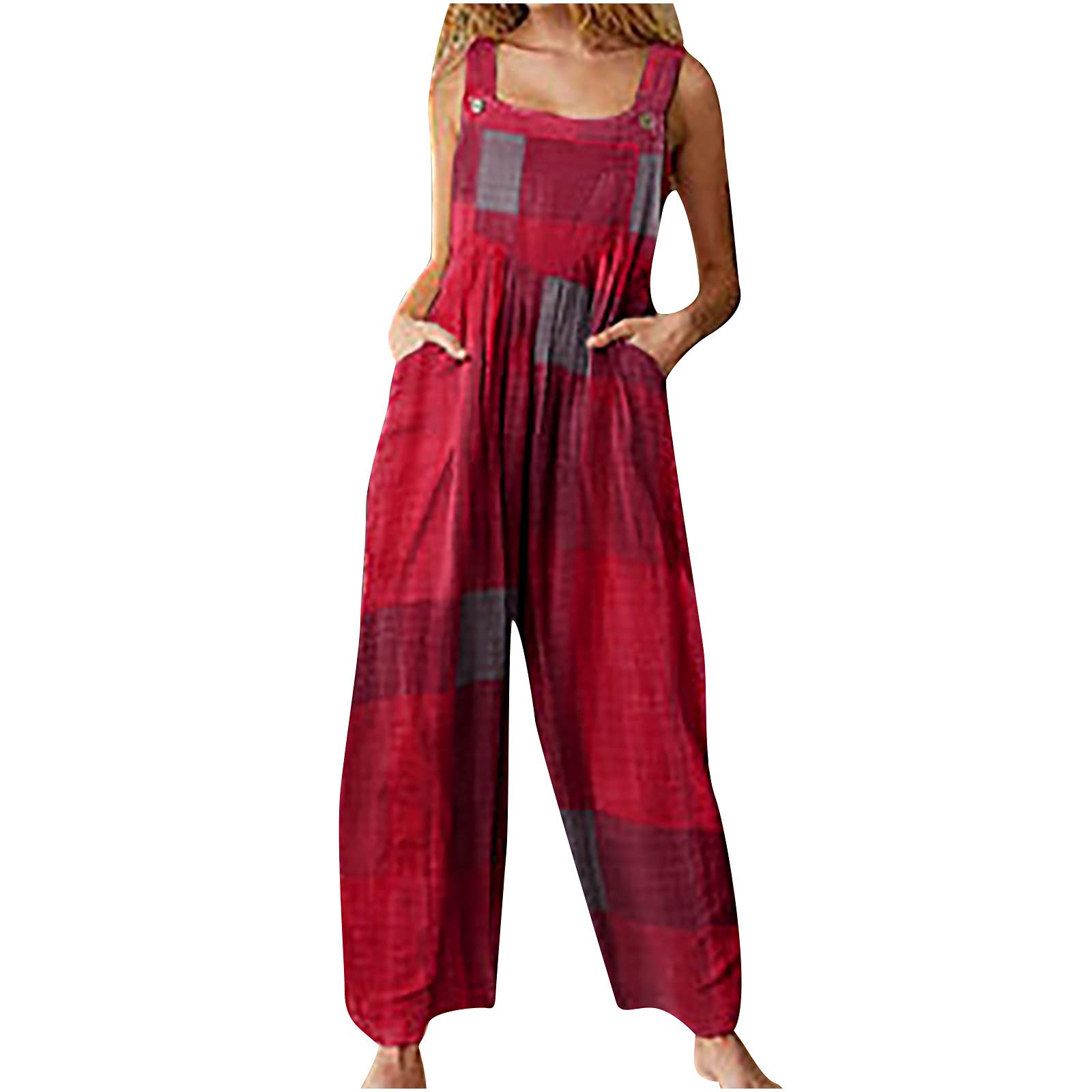 Combinaison longue d'été sans manches pour femme - Salopette - Style bohème - Imprimé floral - Pantalon rétro - Longue - Avec poche - Élégante - Large jambes, rouge, S Combinaison longue d'été sans manches pour femme - Salopette - Style bohème - Imprimé floral - Pantalon rétro - Longue - Avec poche - Élégante - Large jambes, rouge, S