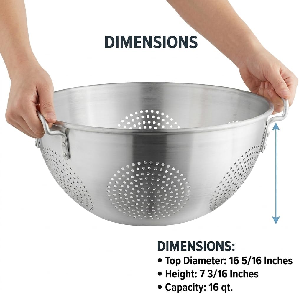 16 Qt Aluminum Colander with Handles – Heavy-Duty Large Round Food Strainer with 4.5mm Holes | Commercial Pasta, Vegetable, Fruit, and Seafood Colander (1, 16 Qt.)