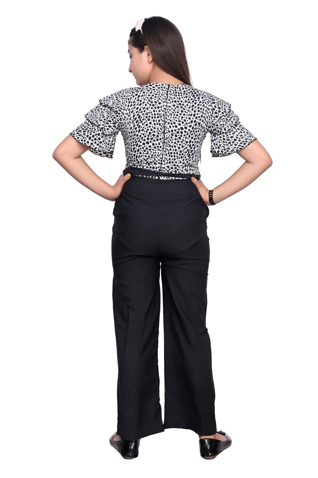 ORIEX THE ORIGINAL FASHION Girls Flared Sleeves Printed JumpSuit-66 (9-10 Years, White-Black, 1) - Image 2 thumbnail
