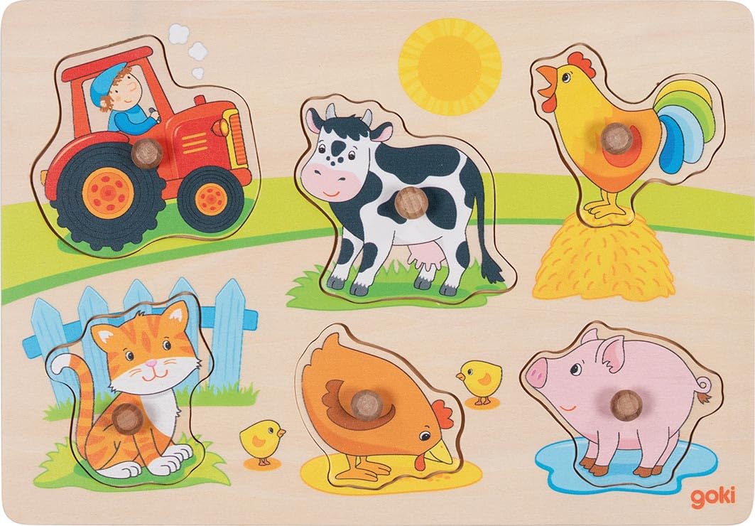 goki 57309 – puzzle wtykane na farmie – puzzle dla małych dzieci z motywami zwierzęcymi i drewnianymi uchwytami