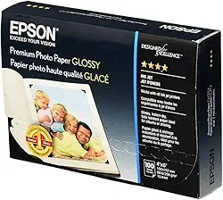 Epson Papel fotográfico premium S041727, 30 kg, alto brilho, 10 x 15 (pacote com 100 folhas), branco