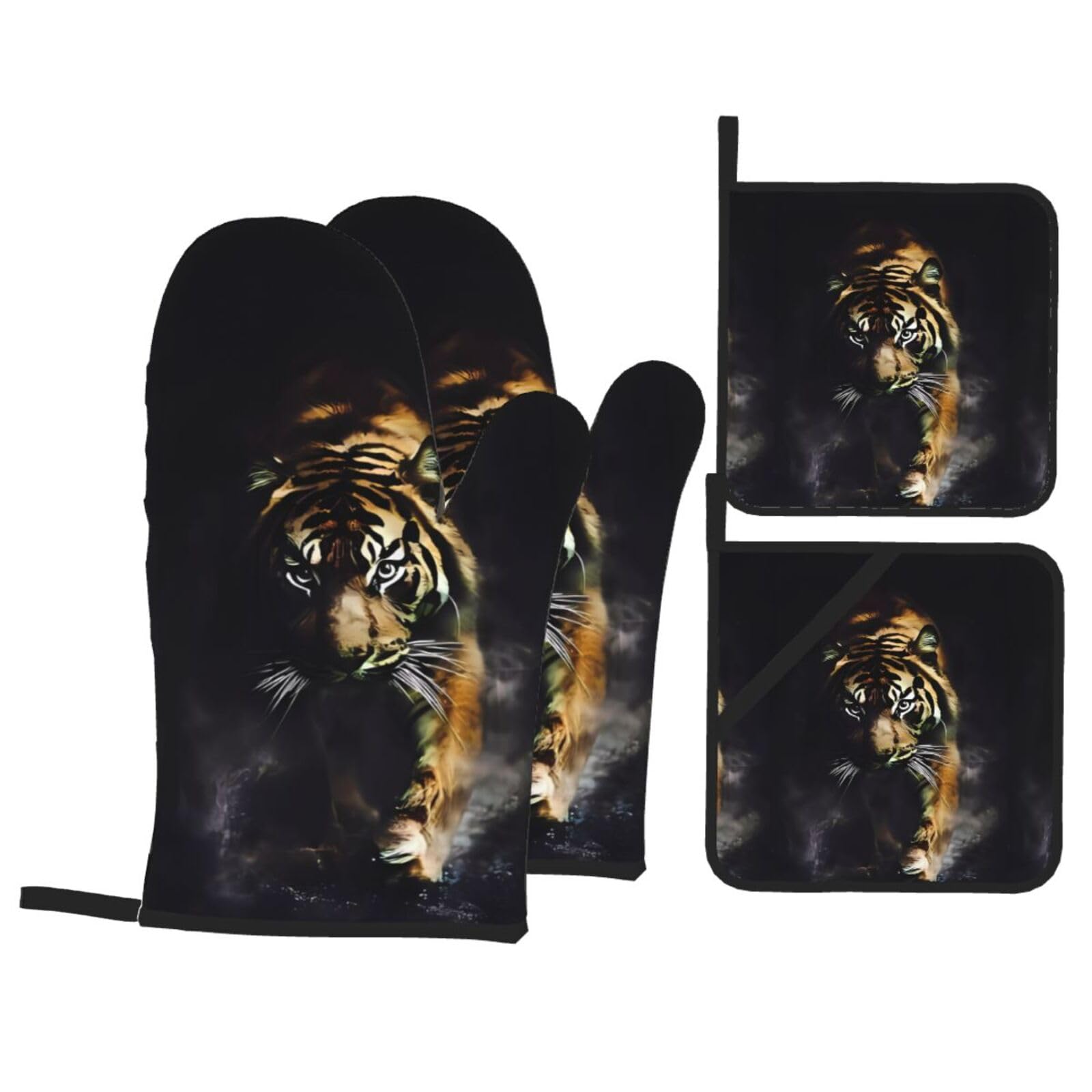 HJFCZH Tiger Prints Kitchen Covers: Waterproof Oven Layers for Safe Cooking & Easy Cleanup - 4 Piece Heat Protection Set