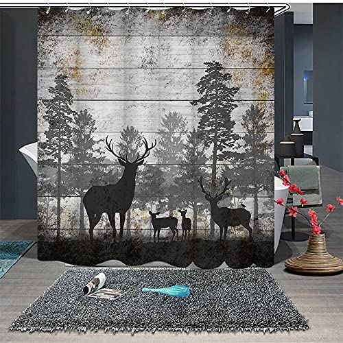 Rnnjoile Rustic Deer Shower Curtain Wild Animal In Black And Grey Forest Bath Curtain Vintage Elk Bathroom Decor Waterproof Fabric Cloth With 12 Hooks 72"X72" #TOP3