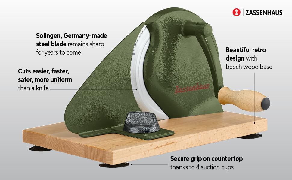 Image of Zassenhaus Original Classic Adjustable Bread Slicer for Uniform Slices - Bread Slicer for Homemade Bread - 18 /8 Stainless Steel Blade Sourdough Cutter -Cyprus Green, 11.75 inch x 8 inch