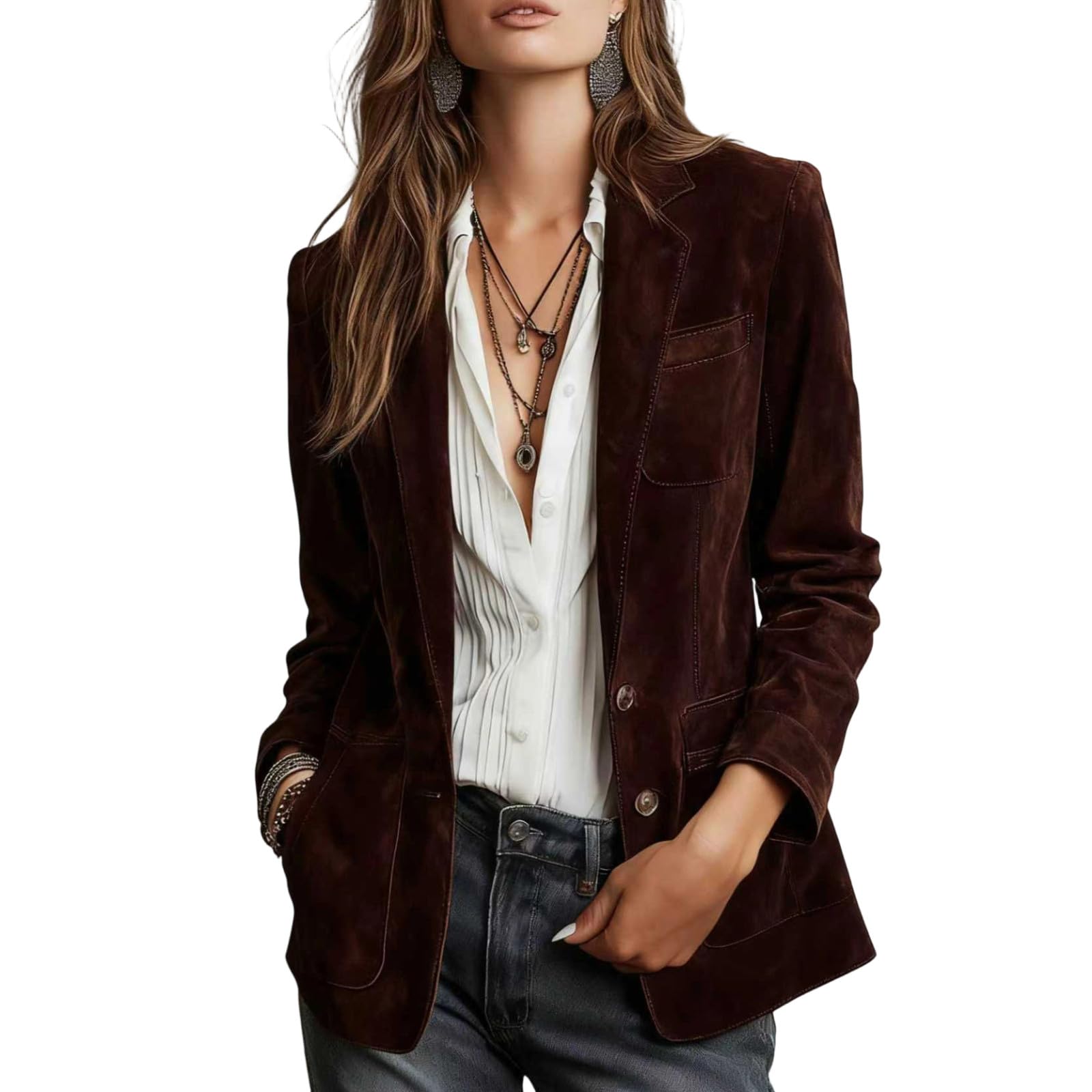 Womens Retro Faux Suede Blazer Jacket Casual Notched Collar Single Breasted Coat Work Business Outwear Pockets