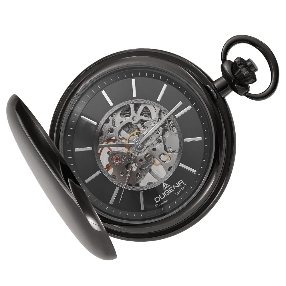 Dugena Herren-Taschenuhr 4460978-1, Savonette, Handaufzug, skelettiert, Schwarz, Edelstahlgehäuse, mit Mineralglas und Indexe, 51 mm