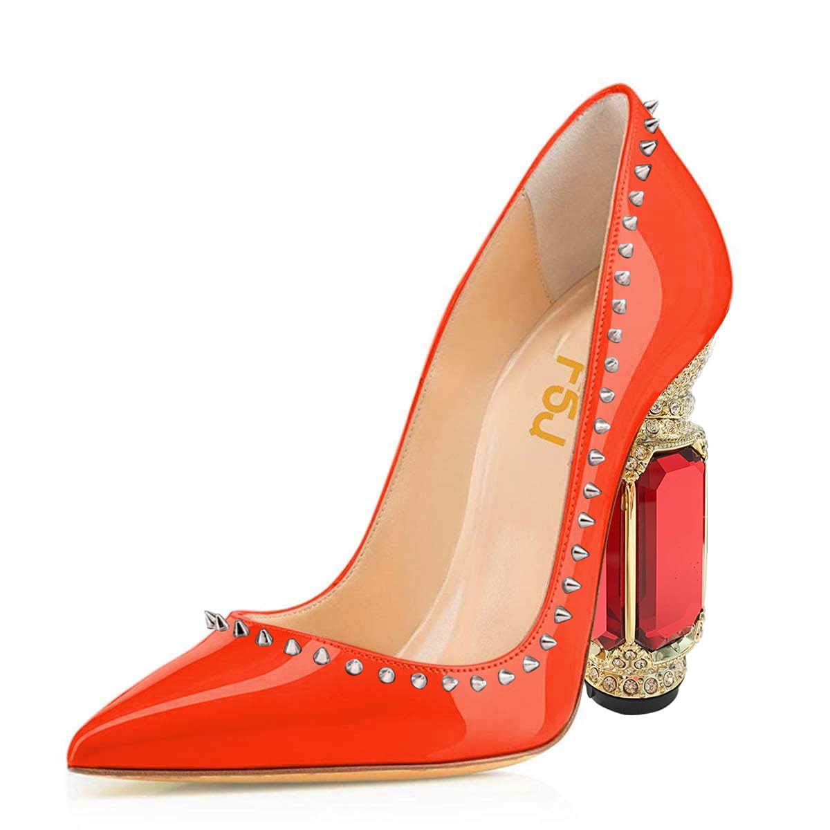 FSJ Women Bridal Pointed Toe Chunky Block High Heel Crystal Pumps Slip on Wedding Thick Comfort Evening Dress Studded Rivets Shoes