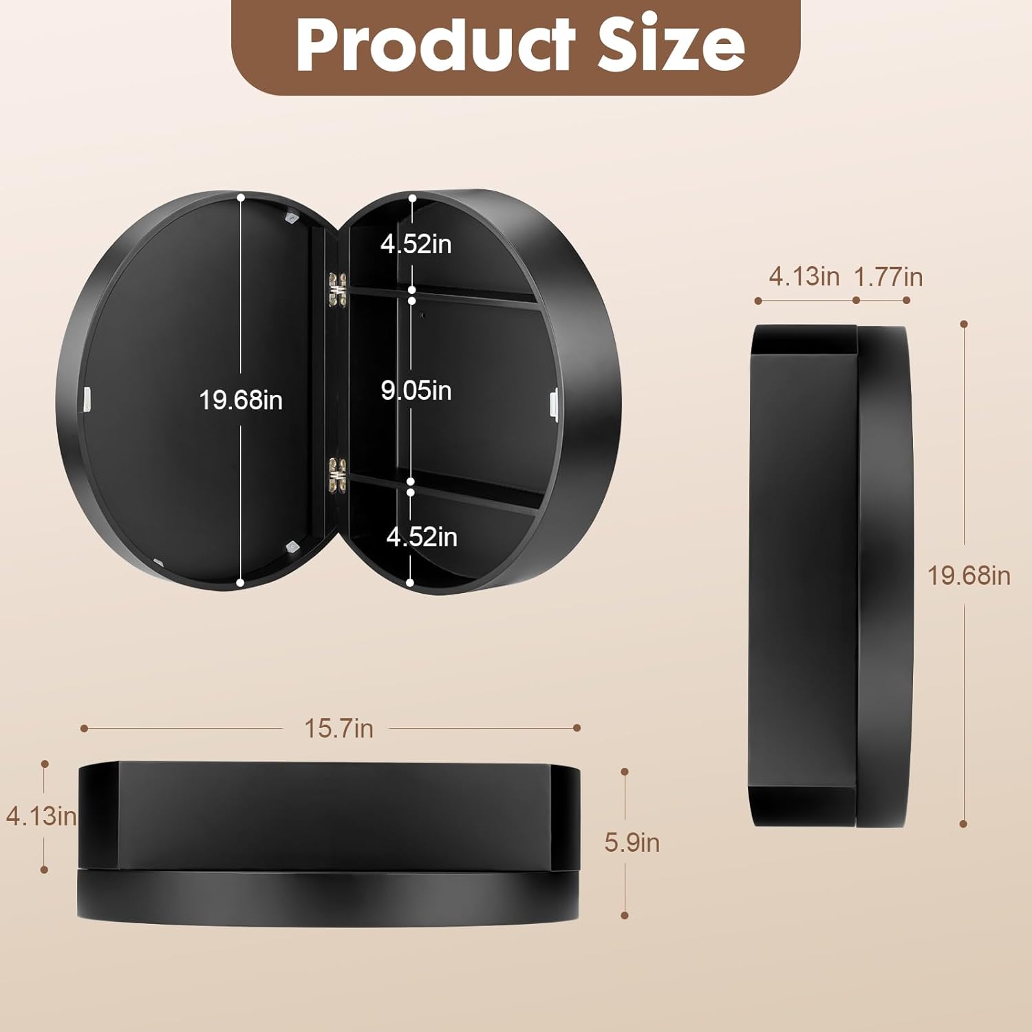 20x20 Round Bathroom Medicine Cabinet - Wall Surface Mounted Mirror with Concealed Shelves, Premium Wooden Frame & Moisture-Proof Design, Space-Saving Storage for Bedroom (Black) Black 20*20"