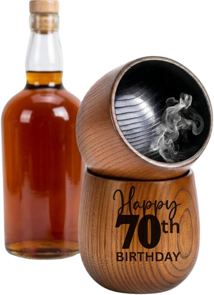 Milestone Birthday Whiskey Glass, 12 oz Charred Wooden Bourbon Cup, 30th 35th 40th 45th 50th 60th 70th 80th Birthday Gift for Men, Unique Wooden Whiskey Glass Gift (Set (2 Cups), 70th Birthday)