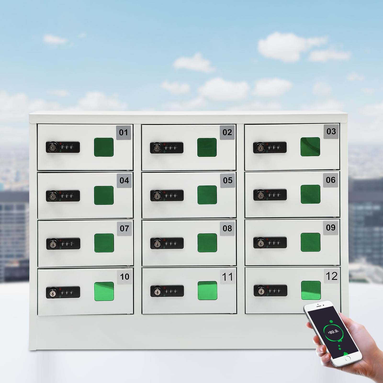 LyeXD Cellphone Charging Station with Combination Lock, 12-Slot Phone Locker Cell Mobile Phone Steel Locker for Most Phones, AC 110V Locker Storage Cabinet Phones Storage Pocket for Office Hotels