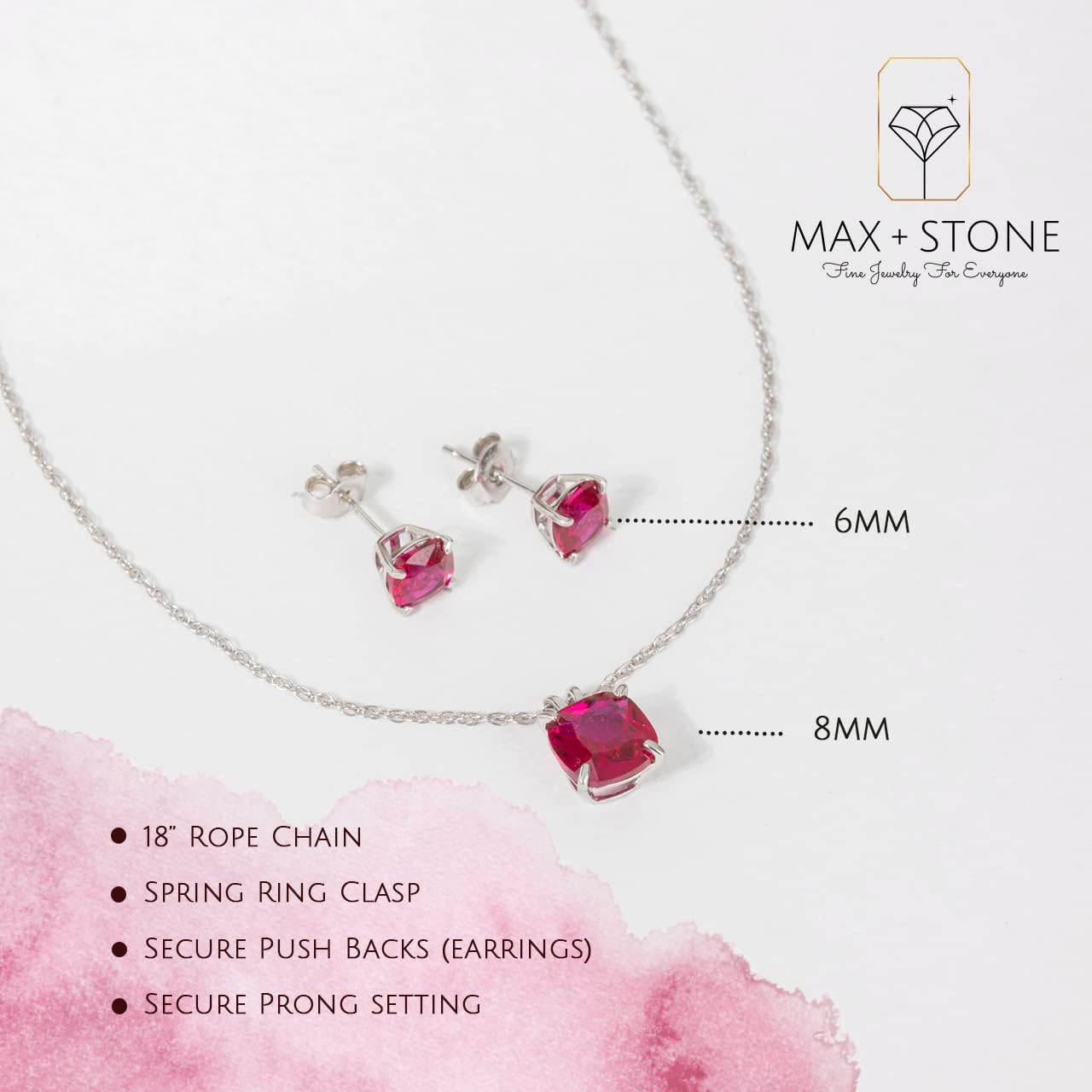 MAX + STONE 14k Gold Plated or Sterling Silver Cushion Cut Gemstone Stud Earrings and Pendant Necklace for Women with 6mm and 8mm Birthstones 18 Inch Chain and Push Backs Jewelry Set