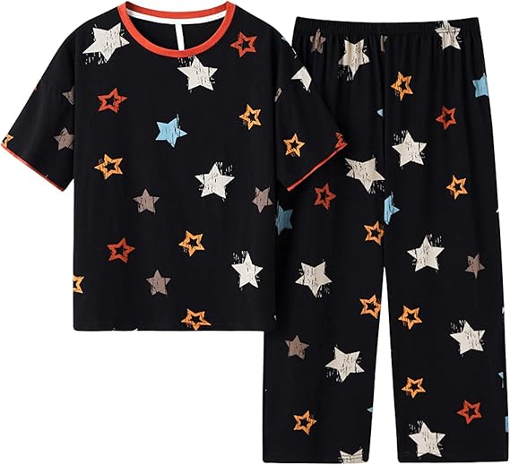 Amazon パジャマ レディース 綿100 夏用 上下セット 半袖 長ズボン ルームウエア 部屋着 寝巻き 便利服 薄手 おしゃれ 心地よい ゆったり 可愛い 快適 吸汗 通気 肌に優しい 丸首 誕生日 プレゼント 星 2xl パジャマ ルームウェアセット 通販