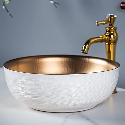 Miniatura 5 de Jingdezhen - Fregaderos de baño de oro blanco de 16 pulgadas de ancho, cuenco redondo de cerámica tallada a mano, 1 fregadero solamente