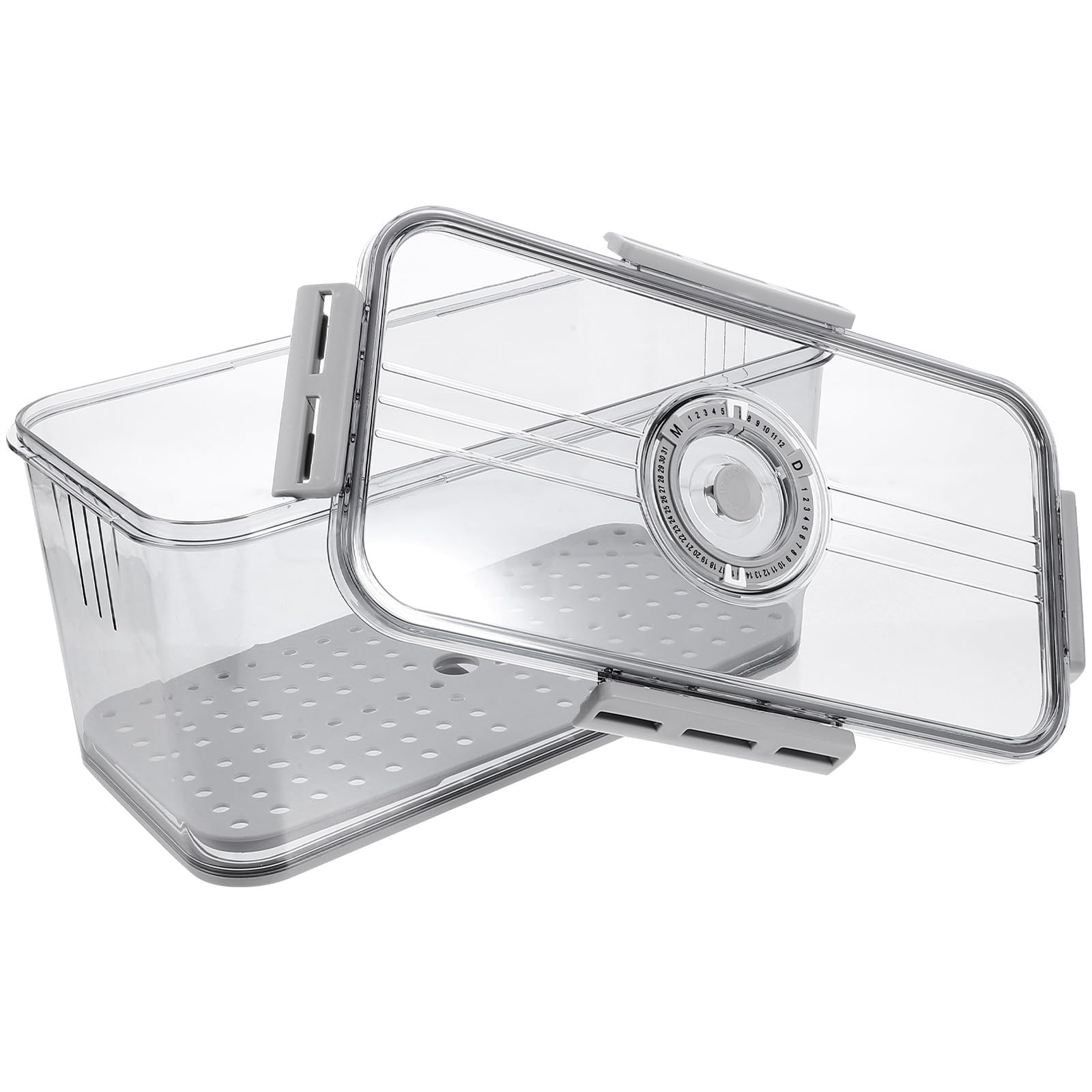 SHINEOFI Contenedor de Alimentos para Refrigerador de 4 Cierres y Sello Hermético, Caja de Pan Gris H-7005 con Dial Temporizador, Almacenamiento de Frutas y Verduras, Organizador