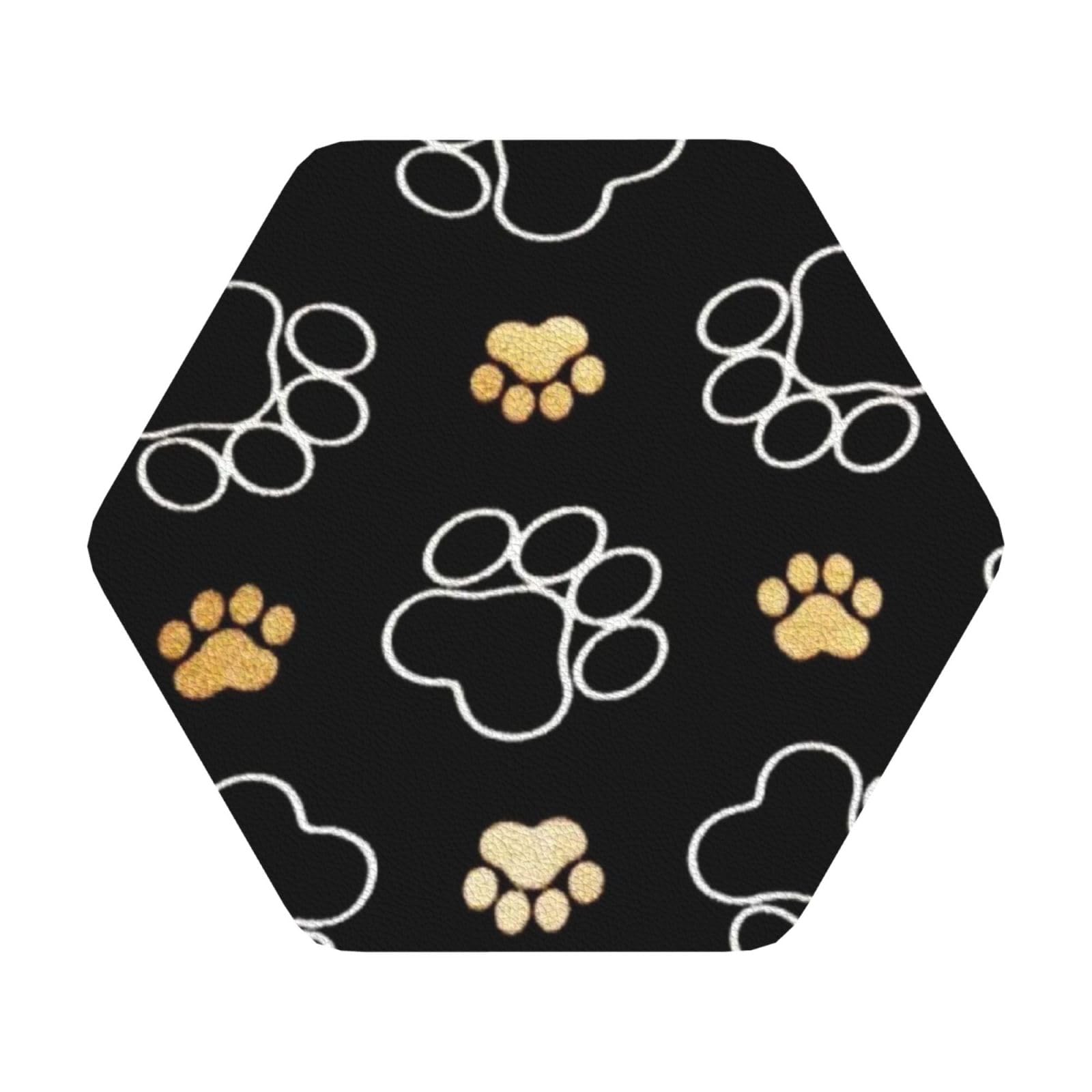 Dog Paw Prints PU Leather Coasters Set of 6 Hexagon Drink Coasters