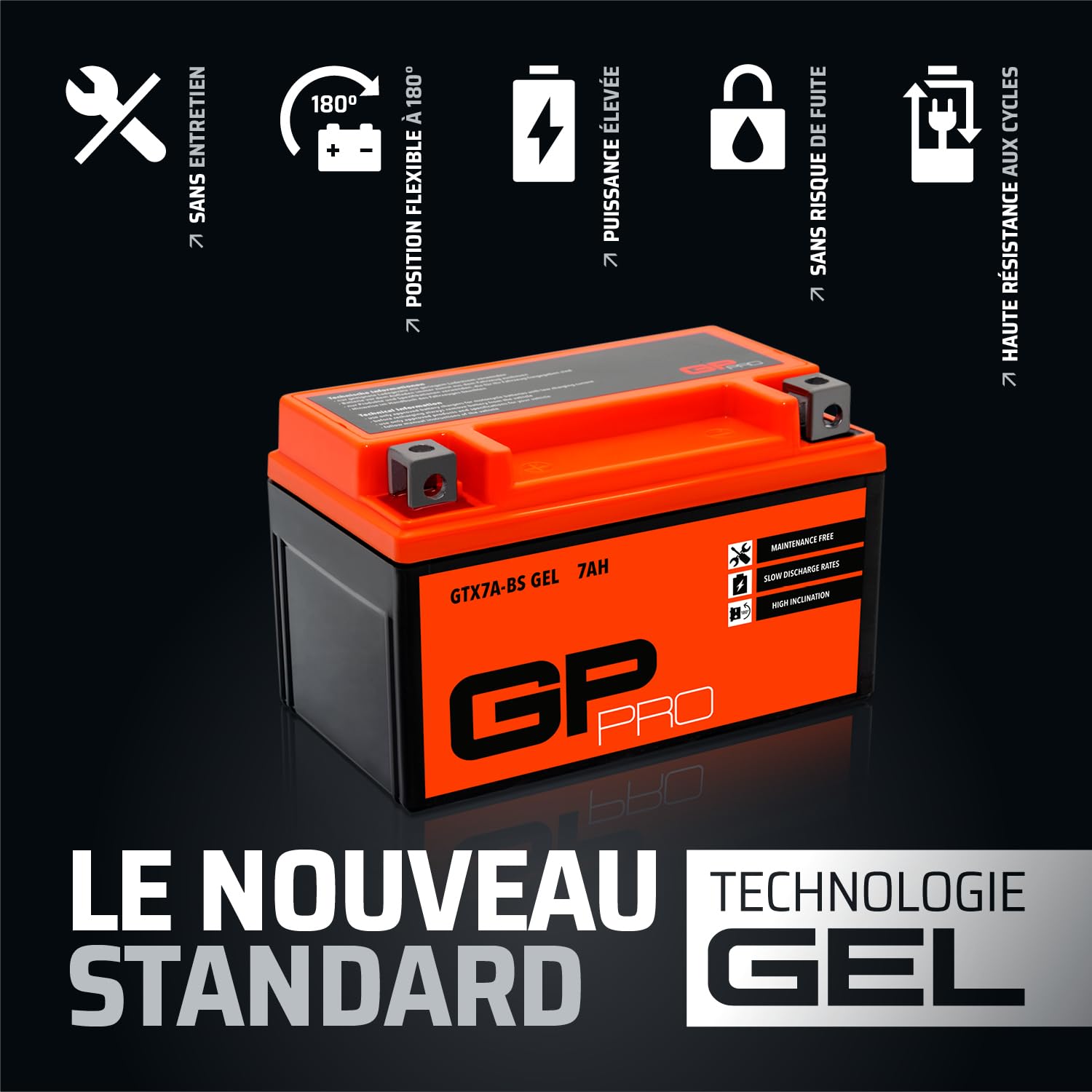 GP-PRO GTX7A-BS 12V 7Ah GEL akumulator rozruchowy (podobny do YTX7A-BS / 50615) (bezobsługowy/uszczelniony) akumulator motocyklowy