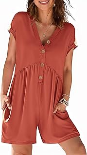 Women's Summer Cap Sleeve Jumpsuits 2025 Casual V Neck Button Short Romper with Pockets