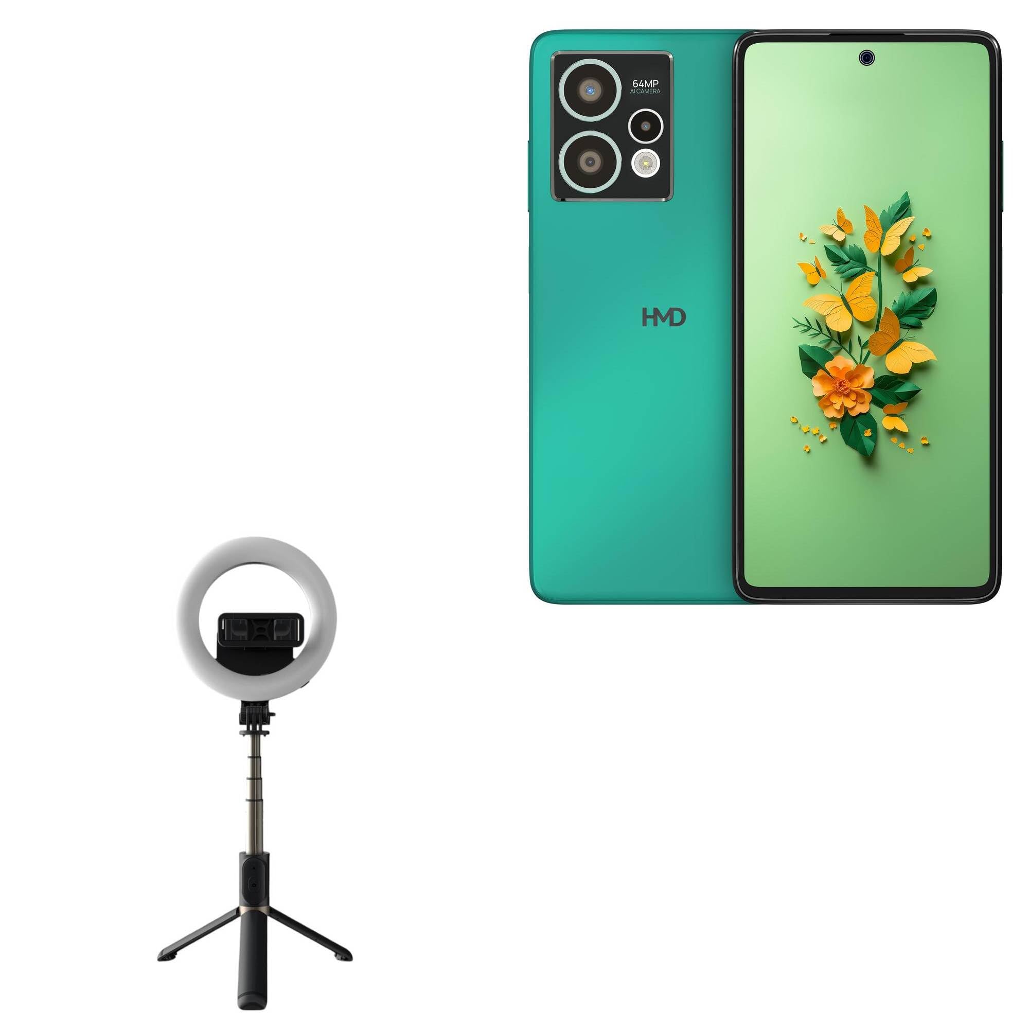 BoxWave Stand and Mount Compatible with HMD Crest Max 5G - RingLight SelfiePod, Selfie Stick Extendable Arm with Ring Light - Jet Black