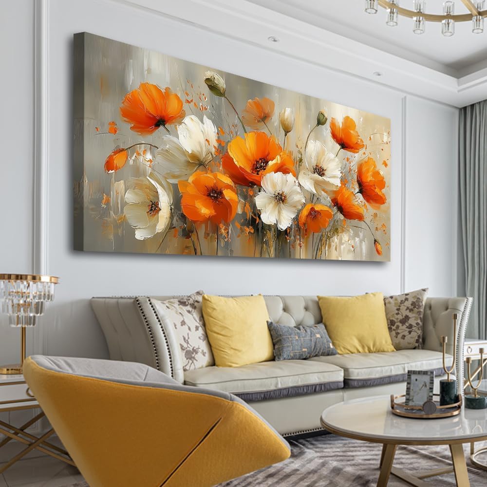 BewDalky Poppy Canvas Wall Art for Living Room Large Orange White Flower Picture Paintings Wall Decor Modern Elegant Country Floral Prints Artwork for Bedroom Kitchen Office Home Decoration 20" x 40"