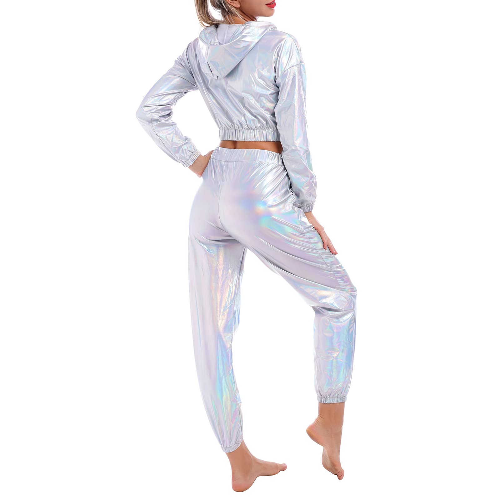 Odizli Jogginganzug Damen Set Langarm Kapuzen Glitzer Metallic Crop Top+Jogginghose 2tlg Trainingsanzug