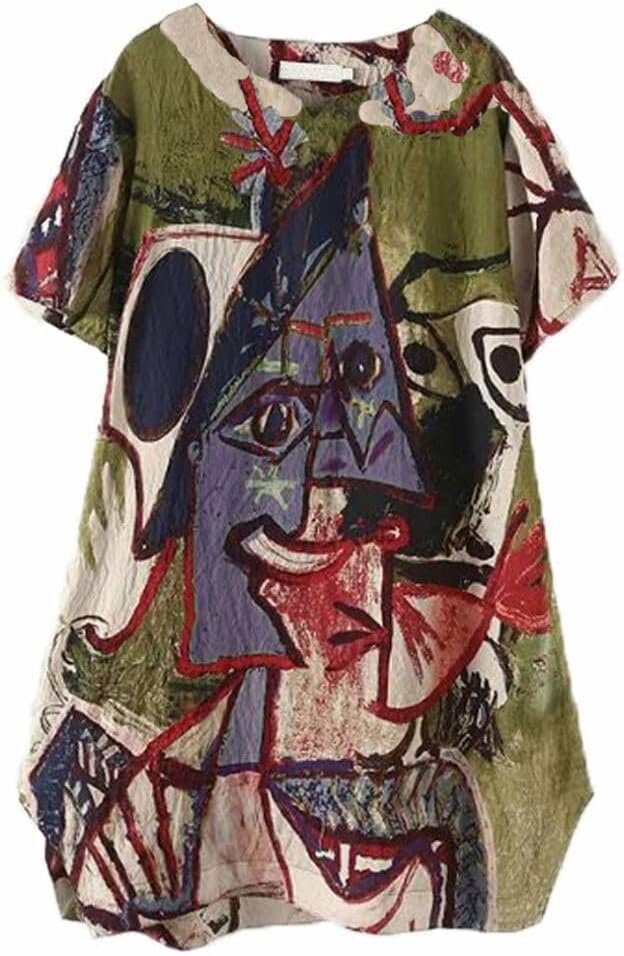 FTCayanz Women's Casual Midi Dresses Short Sleeve Loose Print T Shirt Dress with Pockets