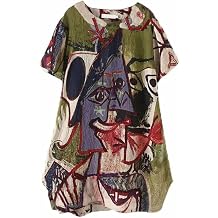 FTCayanz Womens Casual Midi Short Sleeve Loose Print Dress | Summer T Shirt Dress with Pockets, V-Neck Boho Sundress, Aline Flowy Swing Tunic, Beach Vacation Outfits