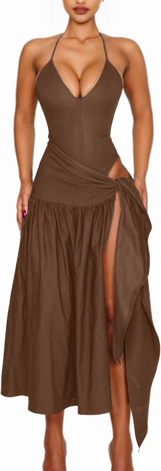 Two Piece Skirt Set Women Sexy Halter Backless Bodysuit and Wrap Tied High Split Summer Maxi Skirt Set - Image 2