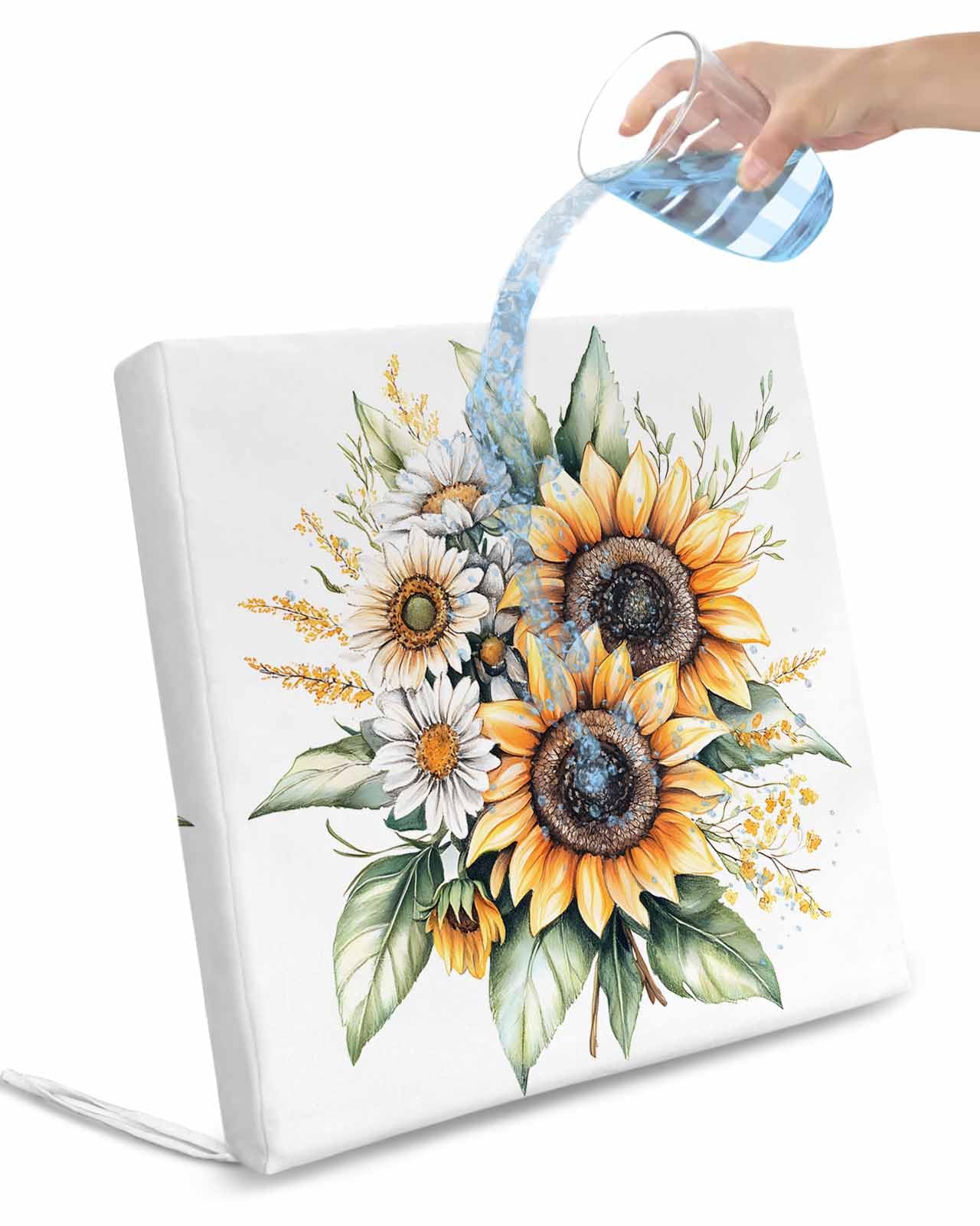 2 Pack Sunflower Waterproof Cushion Covers with Ties, Outdoor Patio Chaise Lounge Chair Seat Cushion Slip Covers Replacement(Only Cover) Watercolor Summer Botanical Daisy 24