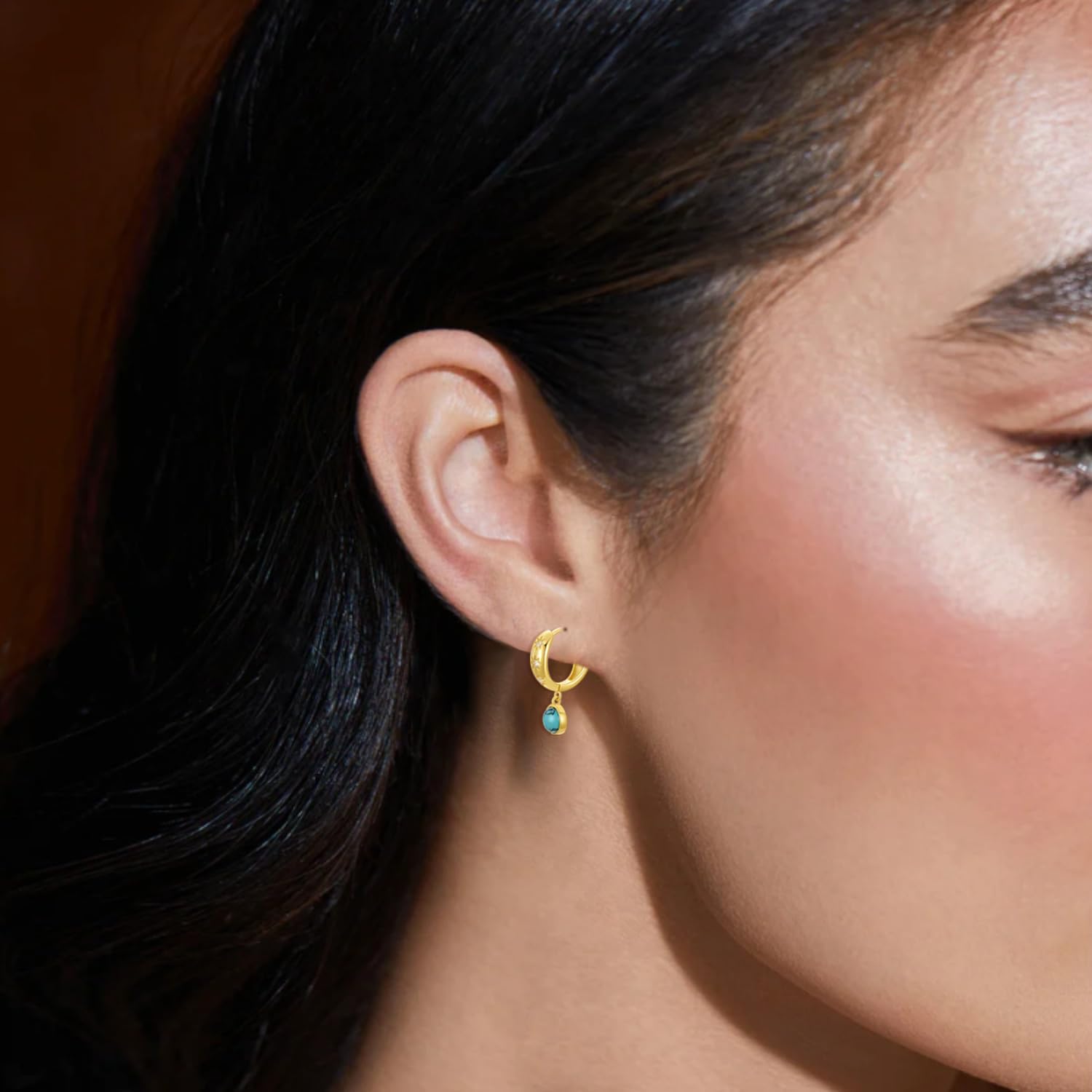 Genuine Huggie Hoop Turquoise Dangle Earrings, Sterling Silver 18K Gold Plated Sun Earrings Jewelry Birthday Gift for Women - Image 2