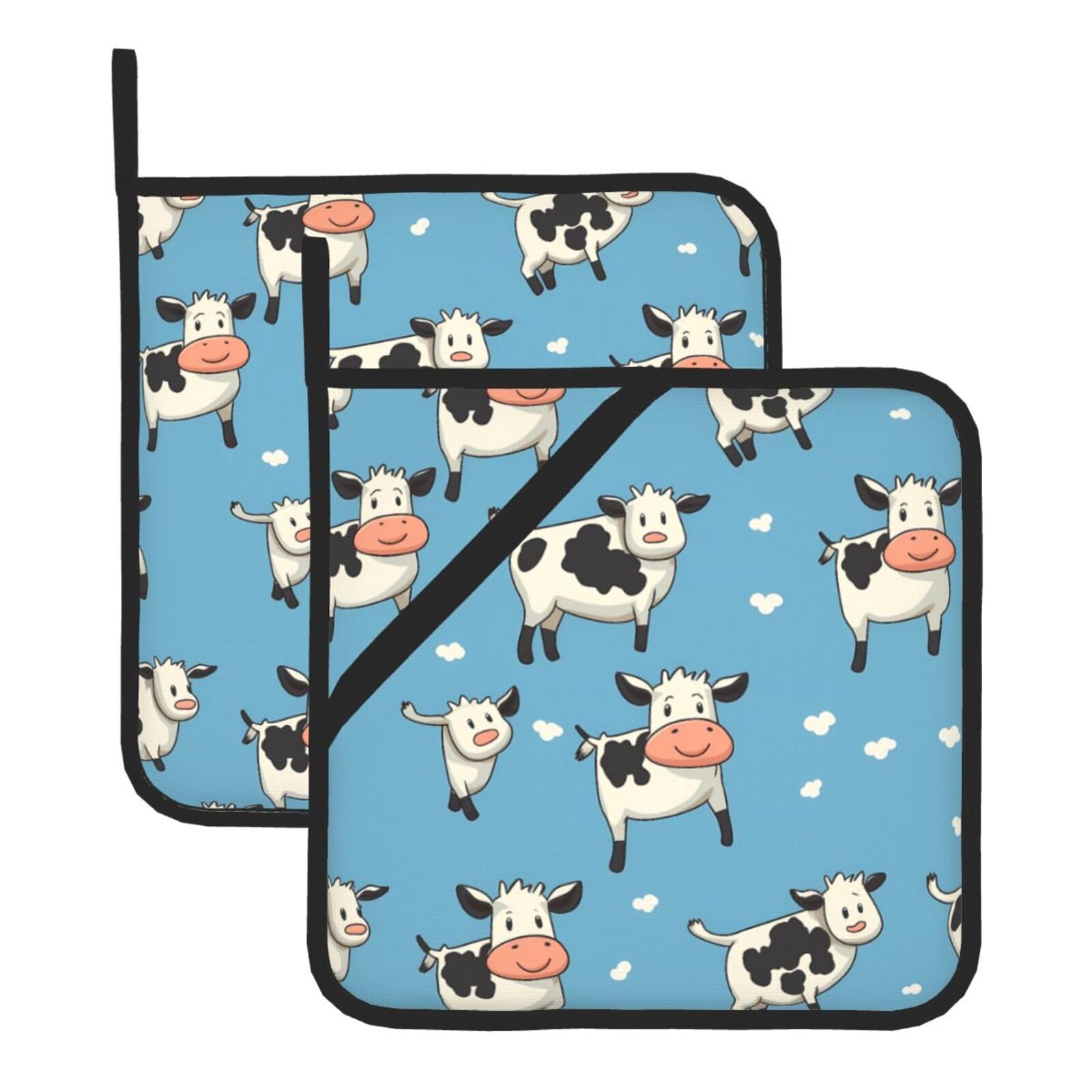 HJFCZH Cartoon Cute Cow Printed Square Insulated Pot Mat Set (2-Piece) 8x8in Waterproof, Thickened & Easy to Clean with Lanyard Design for Kitchen, Oven & BBQ