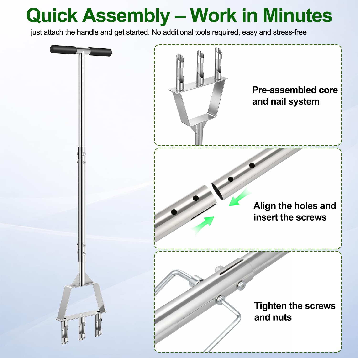 Rasenlüfter, Aerifizierer für Rasen Hohlspoon mit 3 Kerne, Manueller Rasenbelüfter für Rasenpflege und Verdichtete Böden, Langer Griff(99cm)