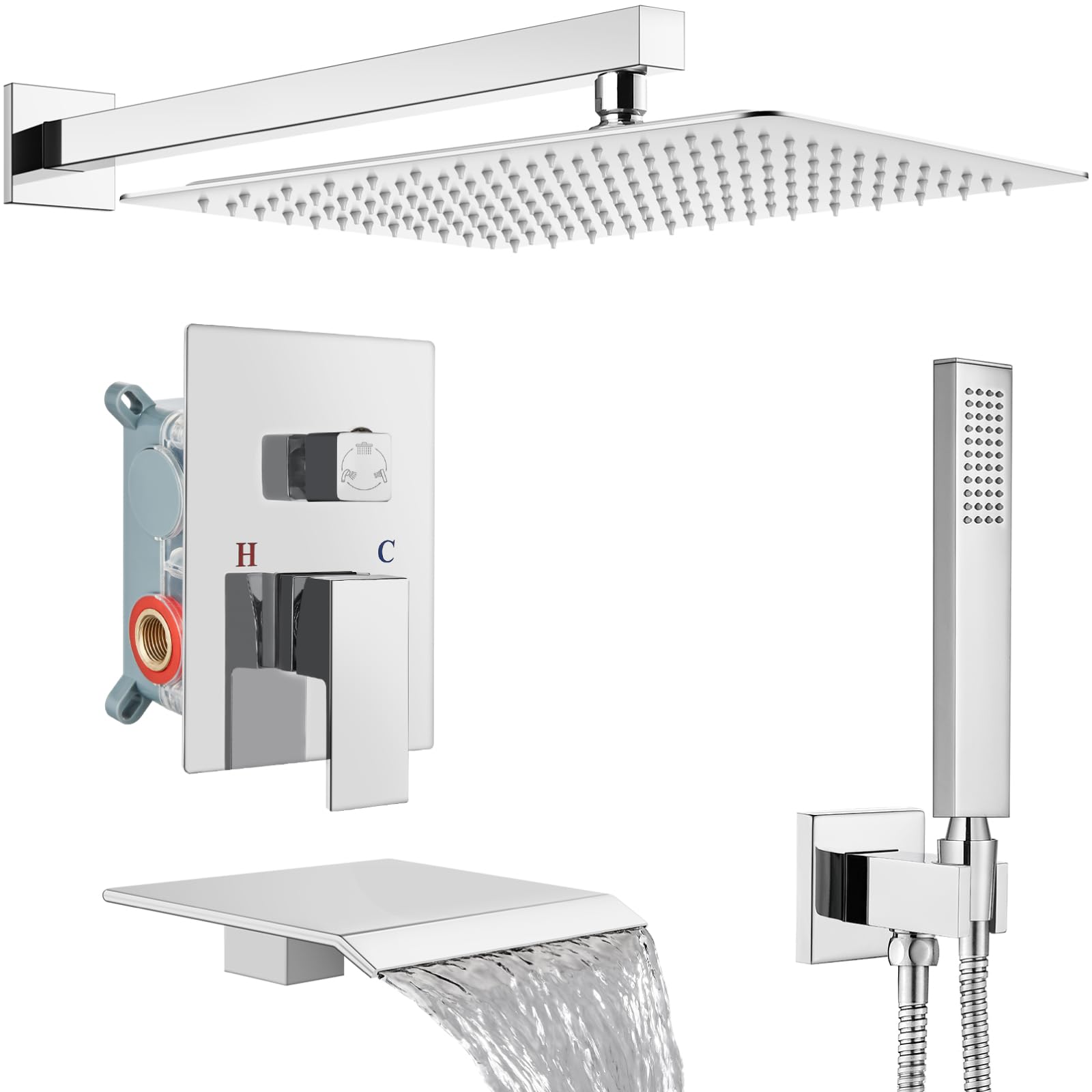 Sxithgkdw Polish Chrome Shower System With Tub Spout,Bathtub Shower Faucet Set With Square Rainfall Head And Handheld Sprayer Wall Mount Tub Faucet Set With Valve And Trim Kit,16 Inch