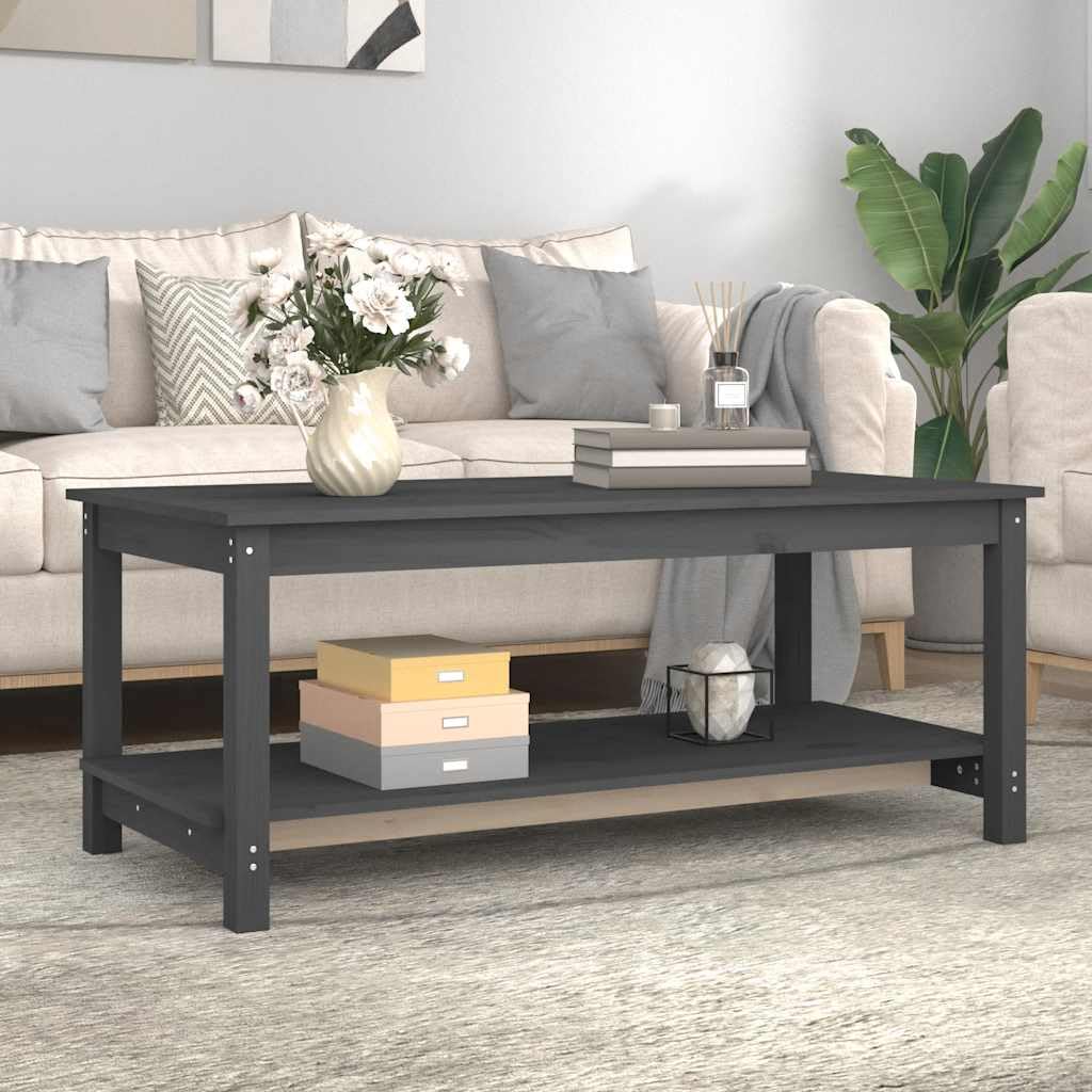 Générique Stolik kawowy z litego drewna sosna szary 110x55x45 cm | Dwupoziomowa konstrukcja, otwarta półka, stabilna rama, uniwersalne zastosowanie w salonie