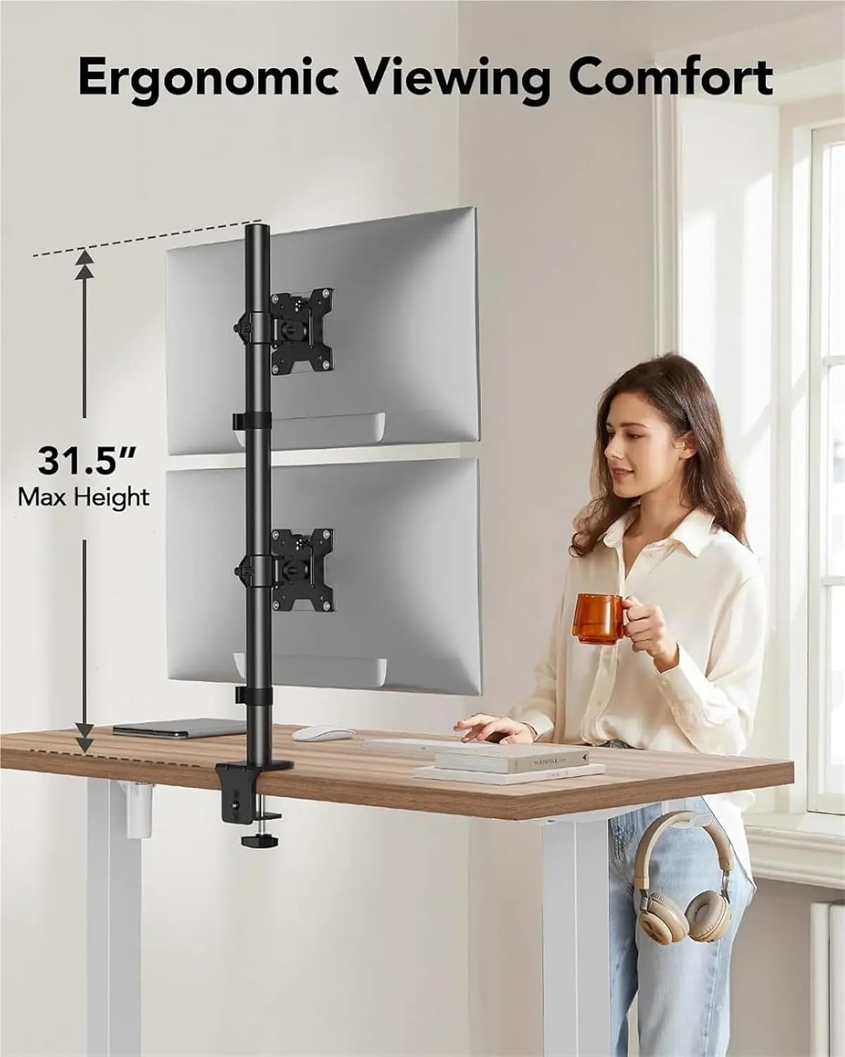 Dual Monitor Vertical Mount for 17-32" Screens, Height & Tilt Adjustable, Space-Saving Desk Stand
