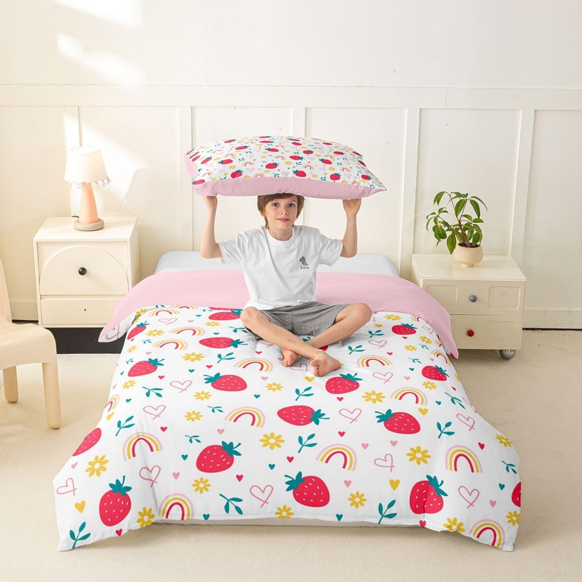 Feelyou Strawberry Duvet Cover Toddler Size Kawaii Bedding Set for Boys Girls Cute Comforter Cover Anime Bedroom Decor 2Pcs Strawberries No Comforter Zipper Closure with 1 Pillowcase image 4