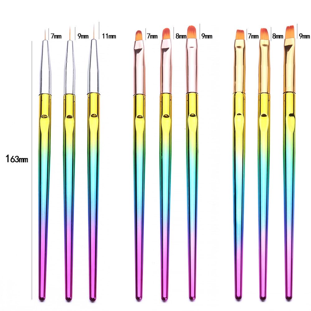 3Pcs Ultra-Fine Nail Art Liner Brush Set, Fine Tip Detail Brushes with Rainbow Gradient Handle, Professional Nail Art Line Drawing, Striping & Outline Brushes for Salon DIY Manicure