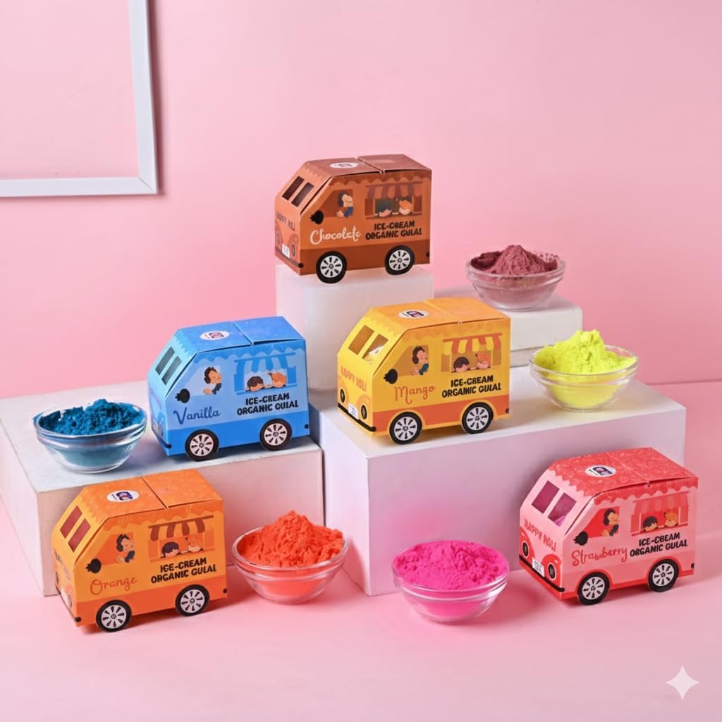 XANTHIC Organic Natural Herbal Gulal Colour Powder for Holi, Pack of 5, Ice-Cream Fragrance, Attractive Bus Shape Box, Party and Corporate Gift