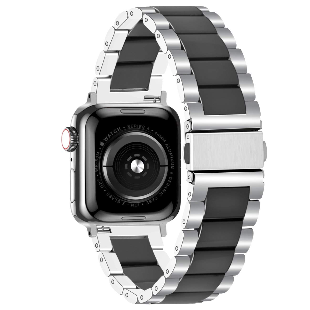 Stainless Steel Watch Band Ceramic Watch Strap for iWatch 6 5 4 3 2 1 SE (Silver+Black, 38mm/40mm)